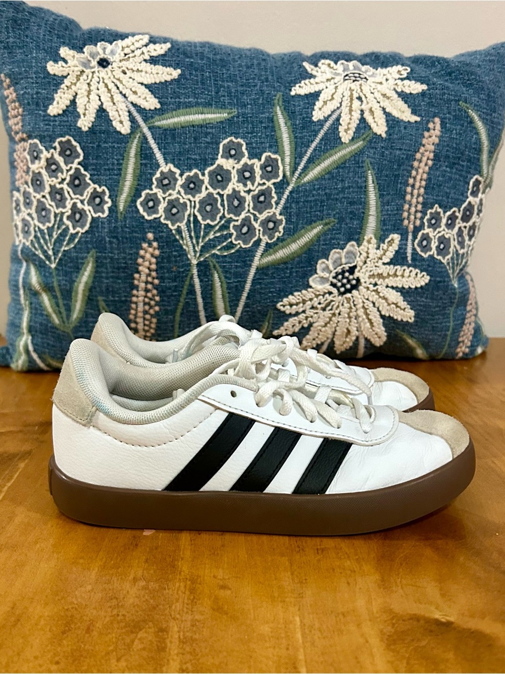 adidas Kids White Sneakers with Black Stripes and Brown Outsole
